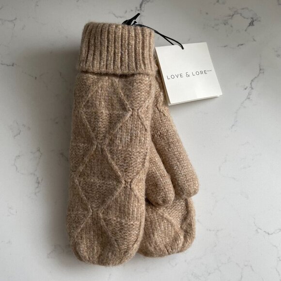 Indigo Love & Lore Outdoor Sherpa Lined Knit Recycled Polyester Mittens Tan OS - Picture 8 of 10